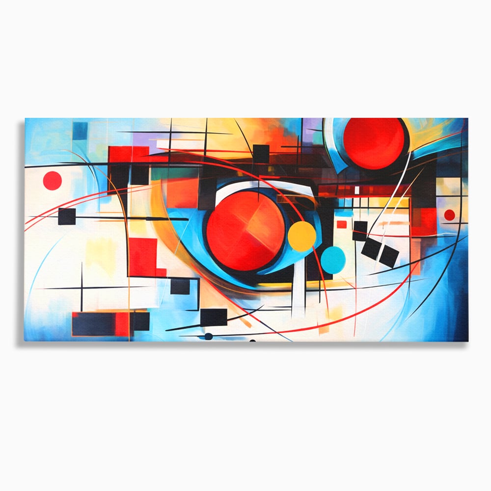 Tablou canvas cu pictura abstracta cu cercuri si linii, fara rama, pe sasiu de lemn