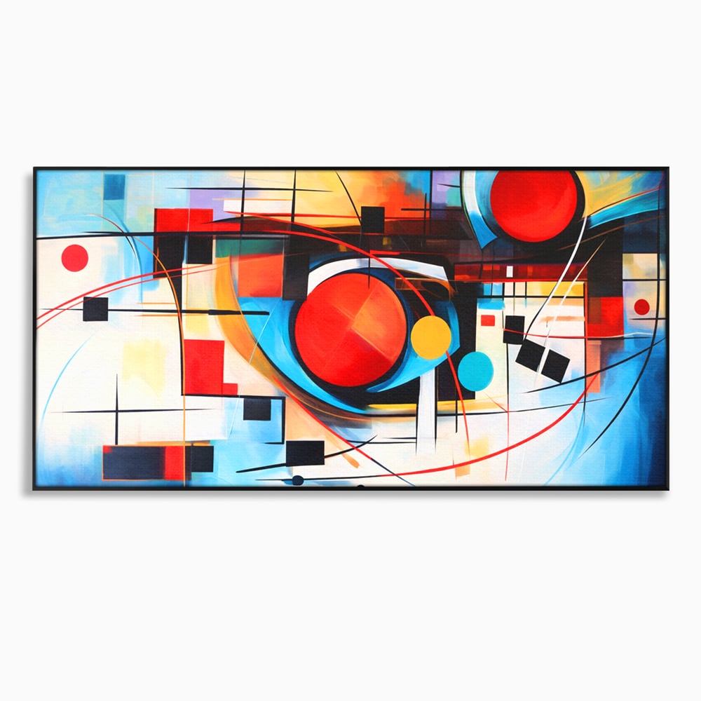 Tablou canvas cu pictura abstracta cu cercuri si linii, in rama de aluminiu negru