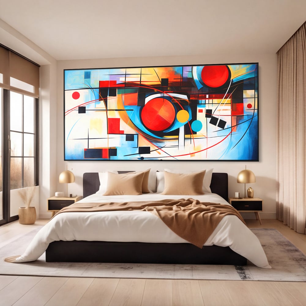Tablou canvas cu pictura abstracta cu cercuri si linii, in rama de aluminiu negru, pe perete intr-un dormitor