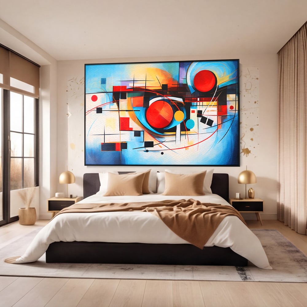 Tablou canvas cu pictura abstracta cu cercuri si linii, in rama de aluminiu negru, pe perete intr-un dormitor