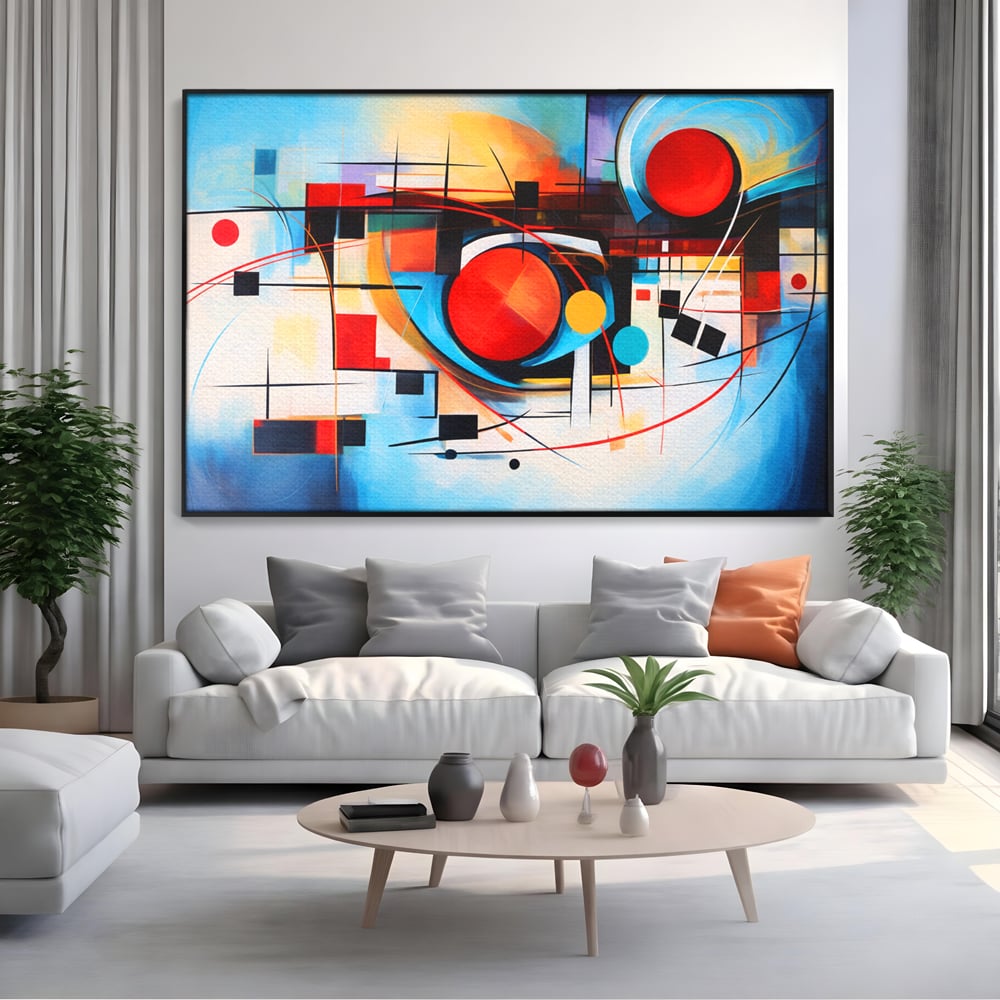 Tablou canvas cu pictura abstracta cu cercuri si linii, in rama de aluminiu negru, pe perete intr-un living