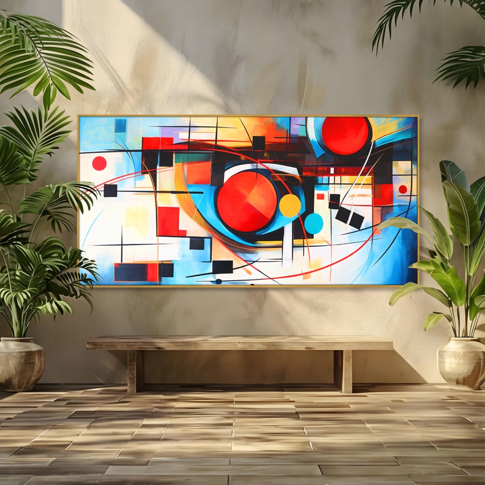 Tablou canvas cu pictura abstracta cu cercuri si linii, in rama de aluminiu auriu