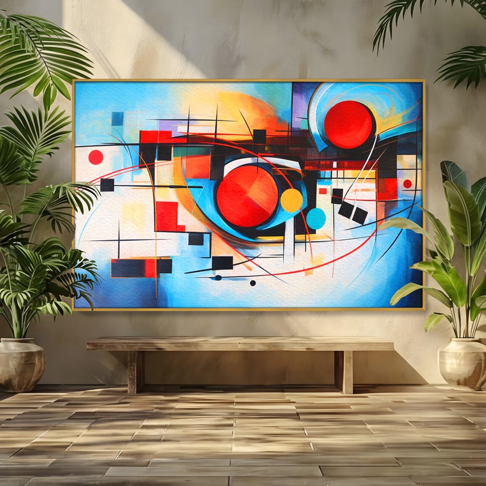 Tablou canvas cu pictura abstracta cu cercuri si linii, in rama de aluminiu auriu