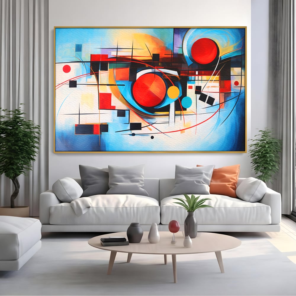 Tablou canvas cu pictura abstracta cu cercuri si linii, in rama de aluminiu auriu, pe perete intr-un living