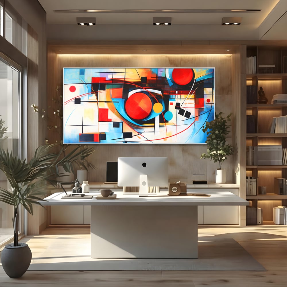 Tablou canvas cu pictura abstracta cu cercuri si linii, in rama de aluminiu argintiu, pe perete intr-un birou