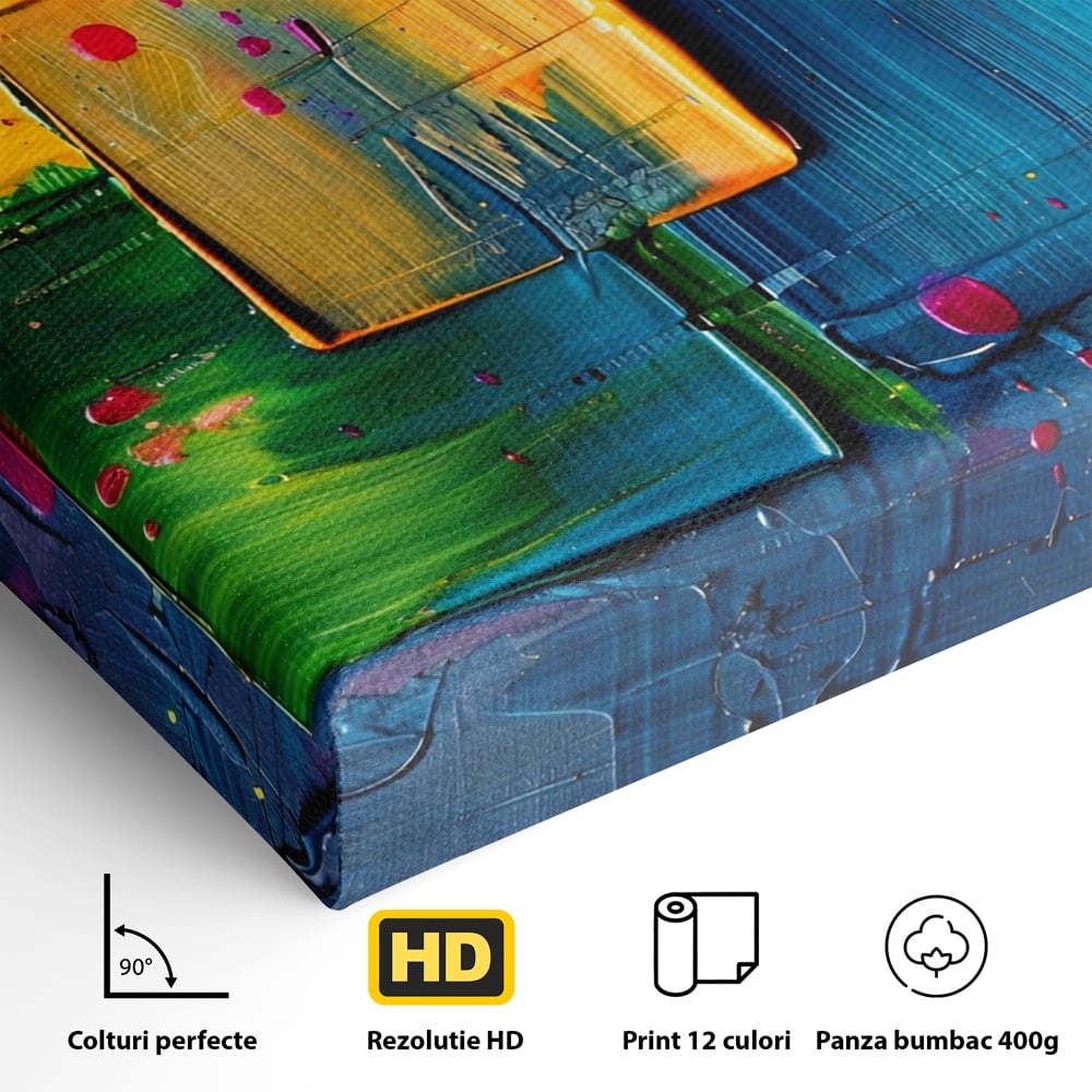 Detaliu al suprafetei: pictura abstracta cu patrate colorate in relief, fara rama, pe sasiu de lemn
