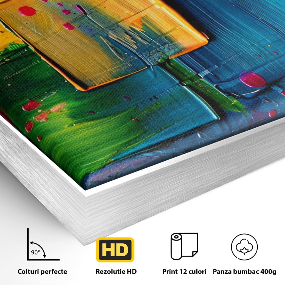 Detaliu al suprafetei: pictura abstracta cu patrate colorate in relief, in rama de aluminiu argintiu