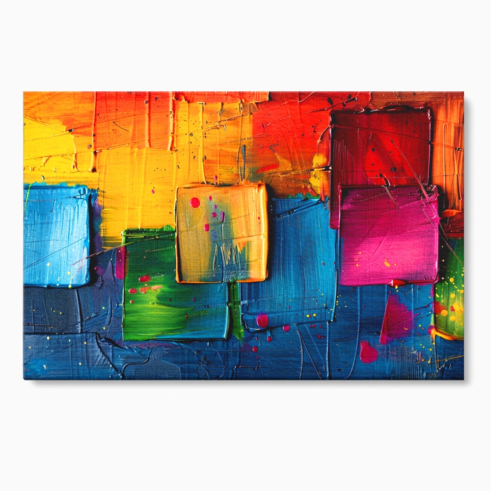 Tablou canvas cu pictura abstracta cu patrate colorate in relief, fara rama, pe sasiu de lemn