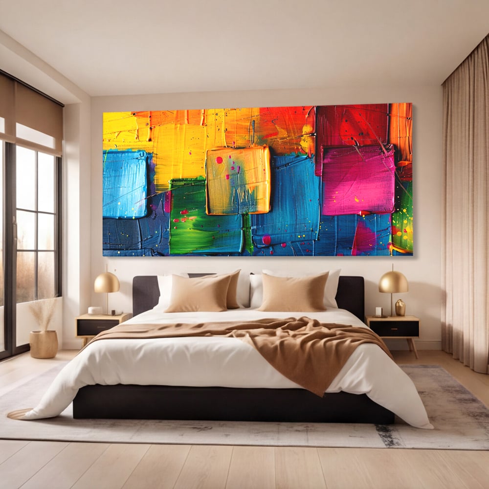 Tablou canvas cu pictura abstracta cu patrate colorate in relief, fara rama, pe sasiu de lemn, pe perete intr-un dormitor