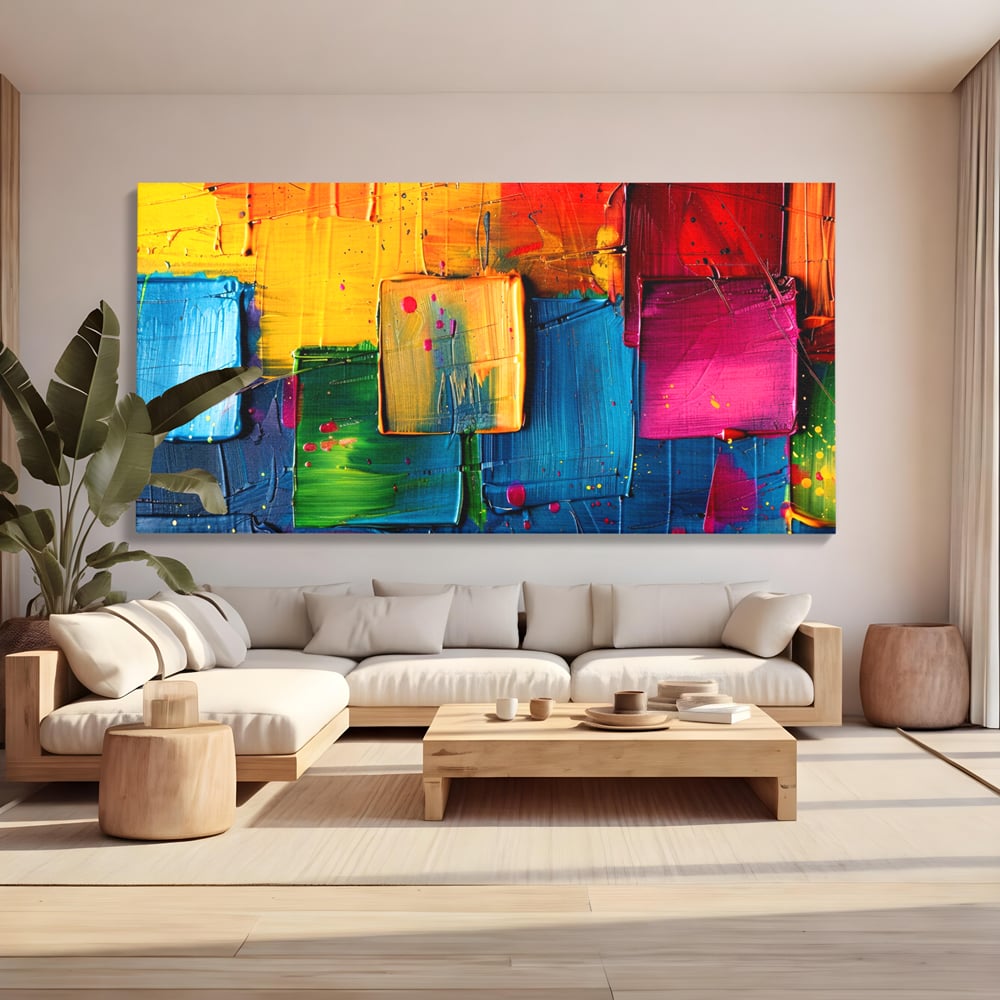 Tablou canvas cu pictura abstracta cu patrate colorate in relief, fara rama, pe sasiu de lemn, pe perete intr-un living