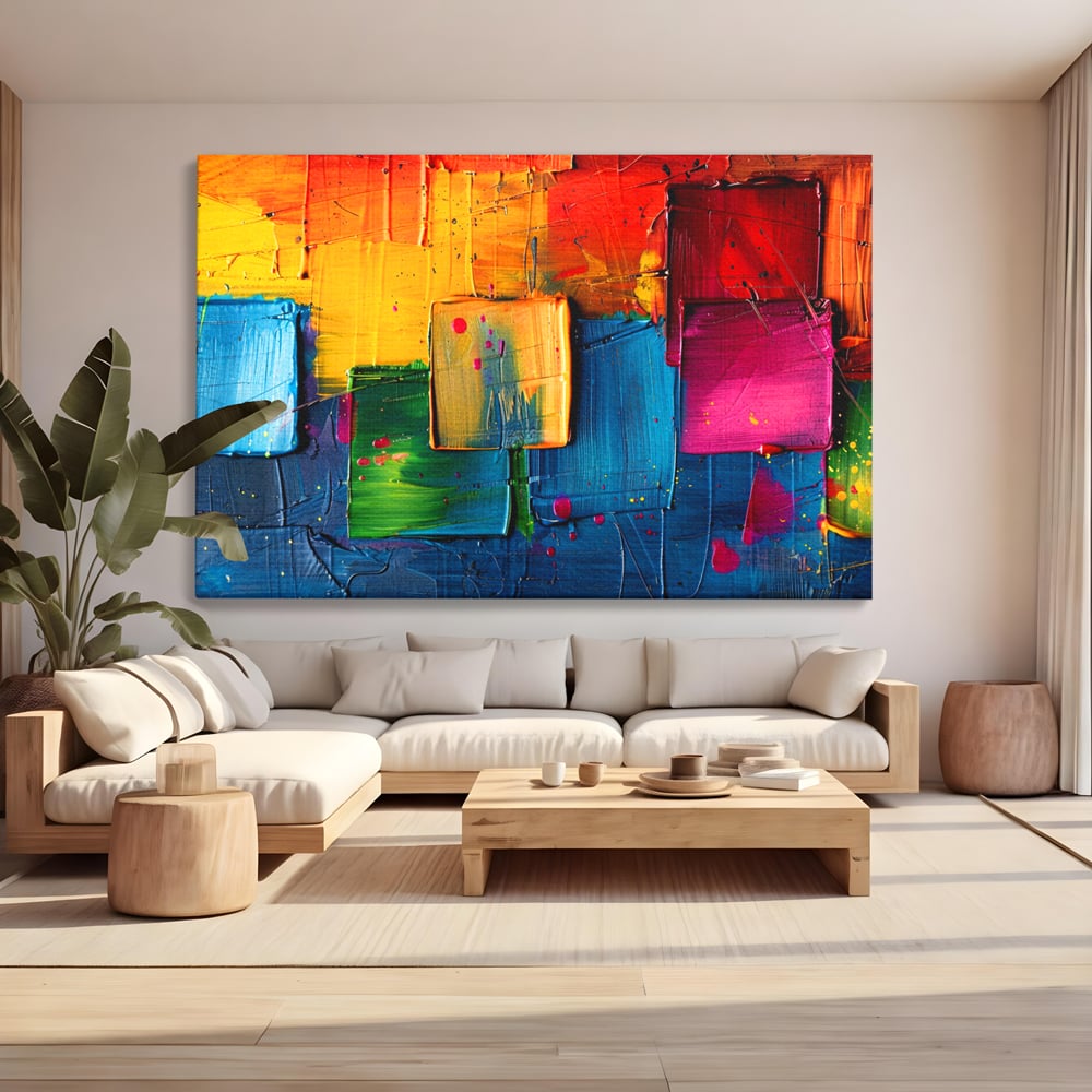 Tablou canvas cu pictura abstracta cu patrate colorate in relief, fara rama, pe sasiu de lemn, pe perete intr-un living