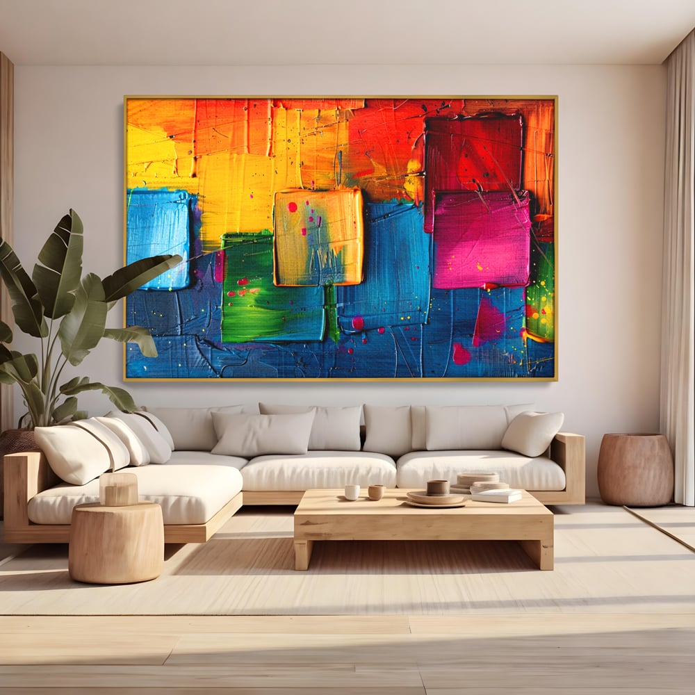 Tablou canvas cu pictura abstracta cu patrate colorate in relief, in rama de aluminiu auriu, pe perete intr-un living