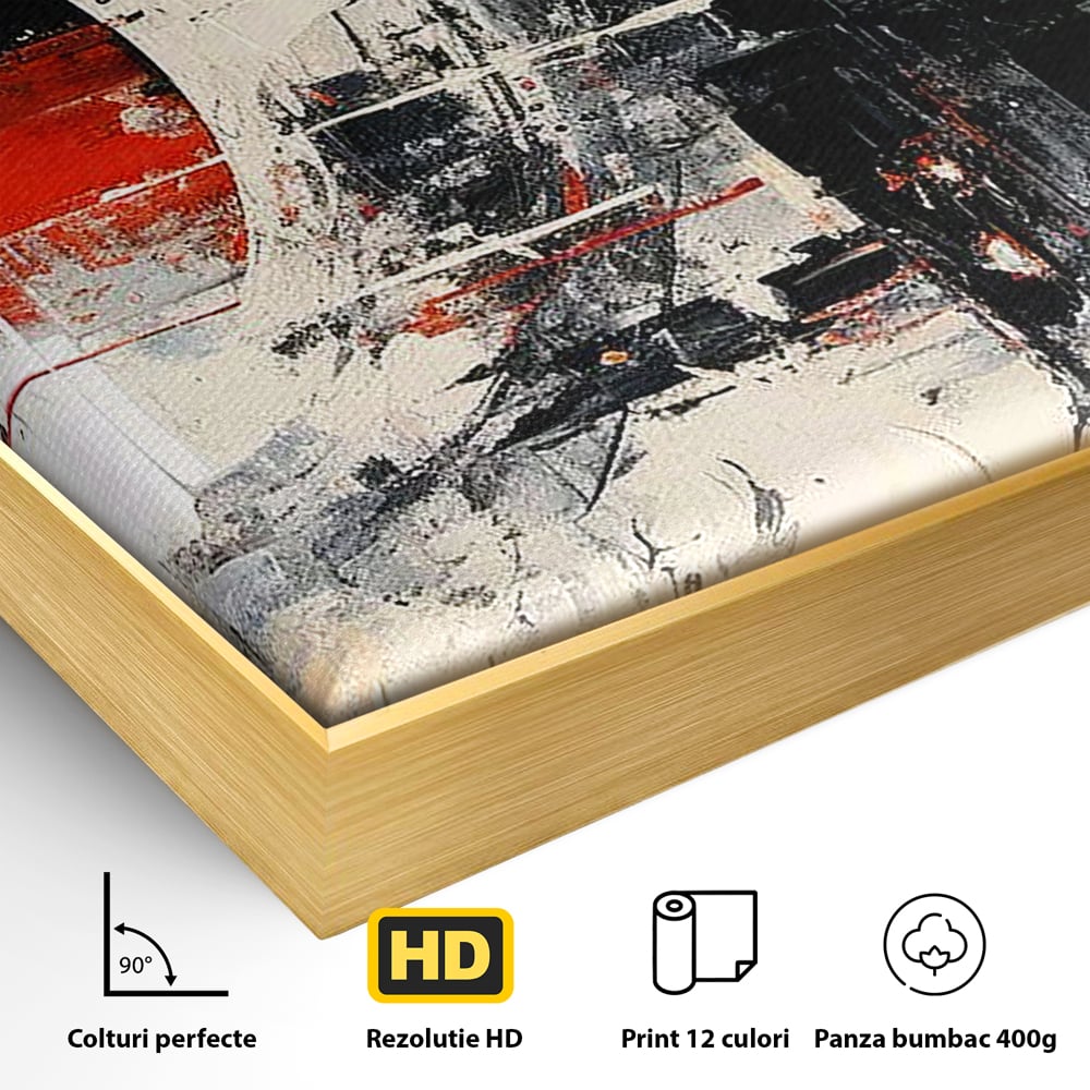 Detaliu al suprafetei: tablou canvas cu cerc rosu si geometrie abstracta, in rama de aluminiu auriu