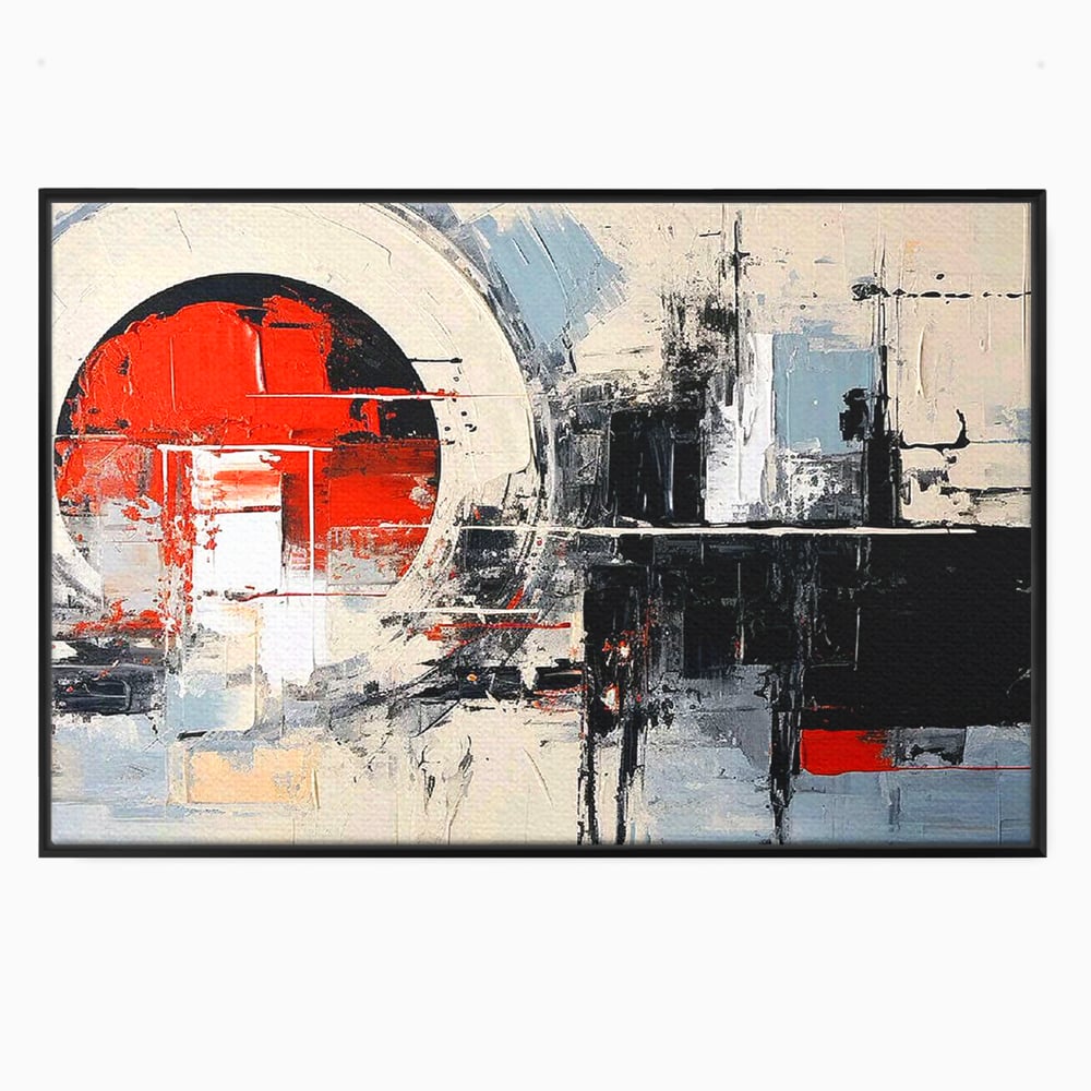 Tablou canvas cu tablou canvas cu cerc rosu si geometrie abstracta, in rama de aluminiu negru