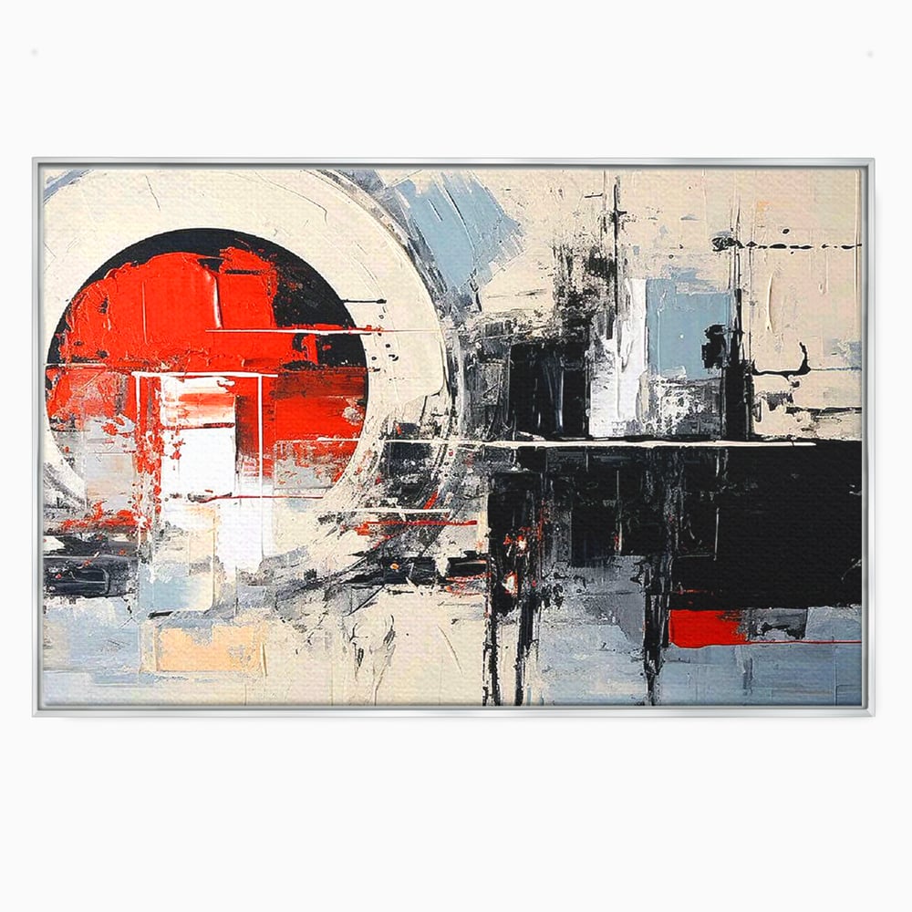 Tablou canvas cu tablou canvas cu cerc rosu si geometrie abstracta, in rama de aluminiu argintiu