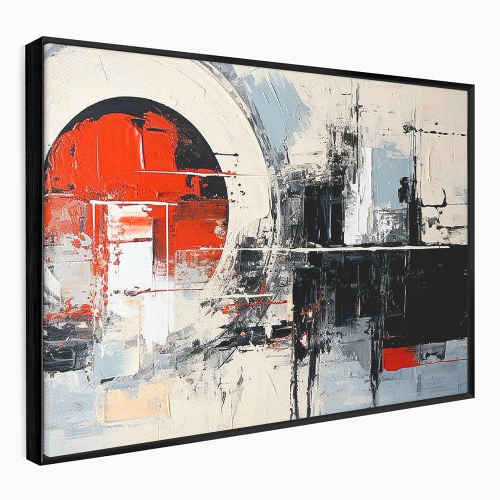 Tablou canvas cu tablou canvas cu cerc rosu si geometrie abstracta, in rama de aluminiu negru