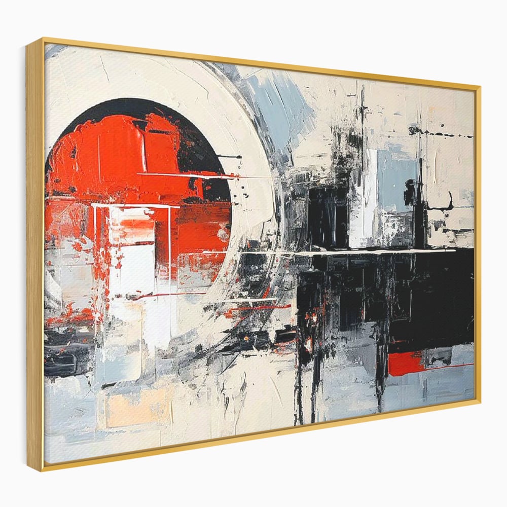 Tablou canvas cu tablou canvas cu cerc rosu si geometrie abstracta, in rama de aluminiu auriu