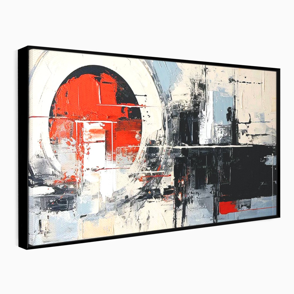 Tablou canvas cu tablou canvas cu cerc rosu si geometrie abstracta, in rama de aluminiu negru