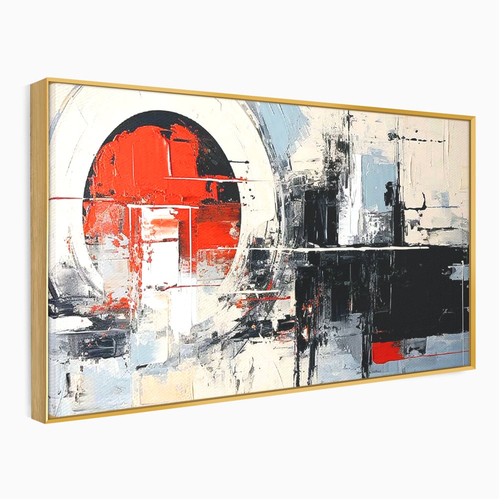 Tablou canvas cu tablou canvas cu cerc rosu si geometrie abstracta, in rama de aluminiu auriu