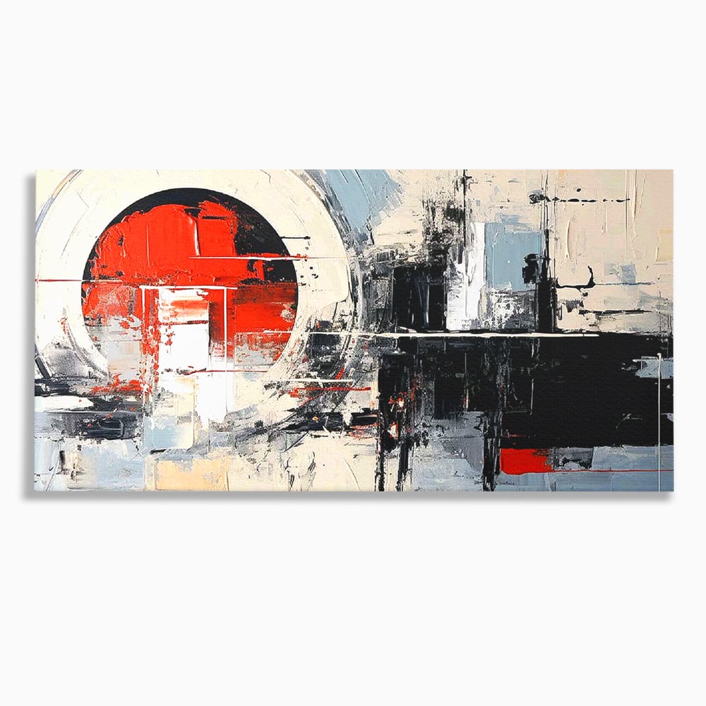 Tablou canvas cu tablou canvas cu cerc rosu si geometrie abstracta, fara rama, pe sasiu de lemn