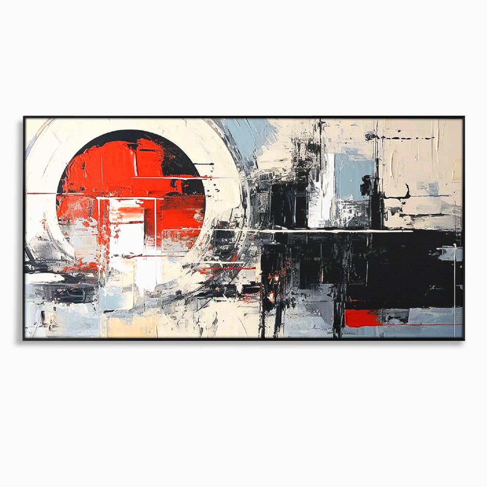 Tablou canvas cu tablou canvas cu cerc rosu si geometrie abstracta, in rama de aluminiu negru