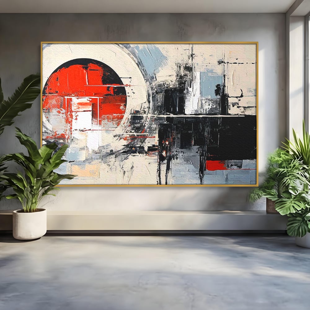 Tablou canvas cu tablou canvas cu cerc rosu si geometrie abstracta, in rama de aluminiu auriu