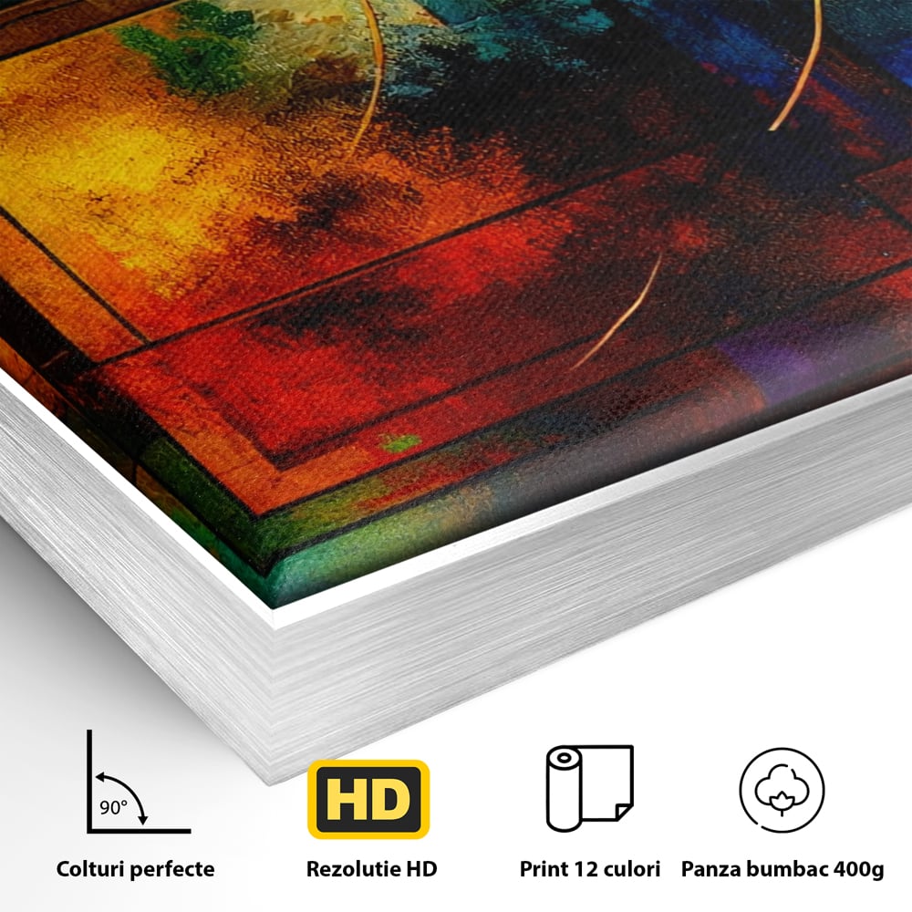 Detaliu al suprafetei: pictura abstracta cu forme geometrice si cercuri, in rama de aluminiu argintiu