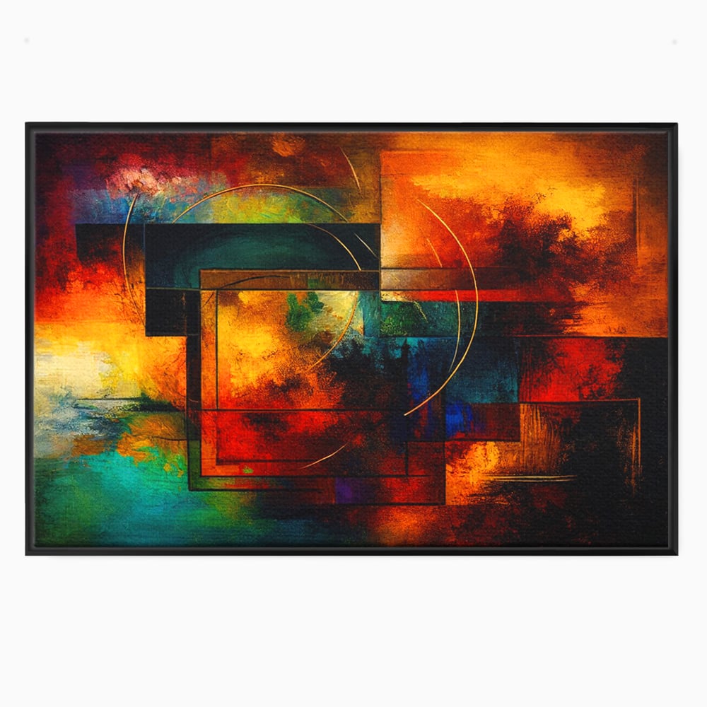 Tablou canvas cu pictura abstracta cu forme geometrice si cercuri, in rama de aluminiu negru