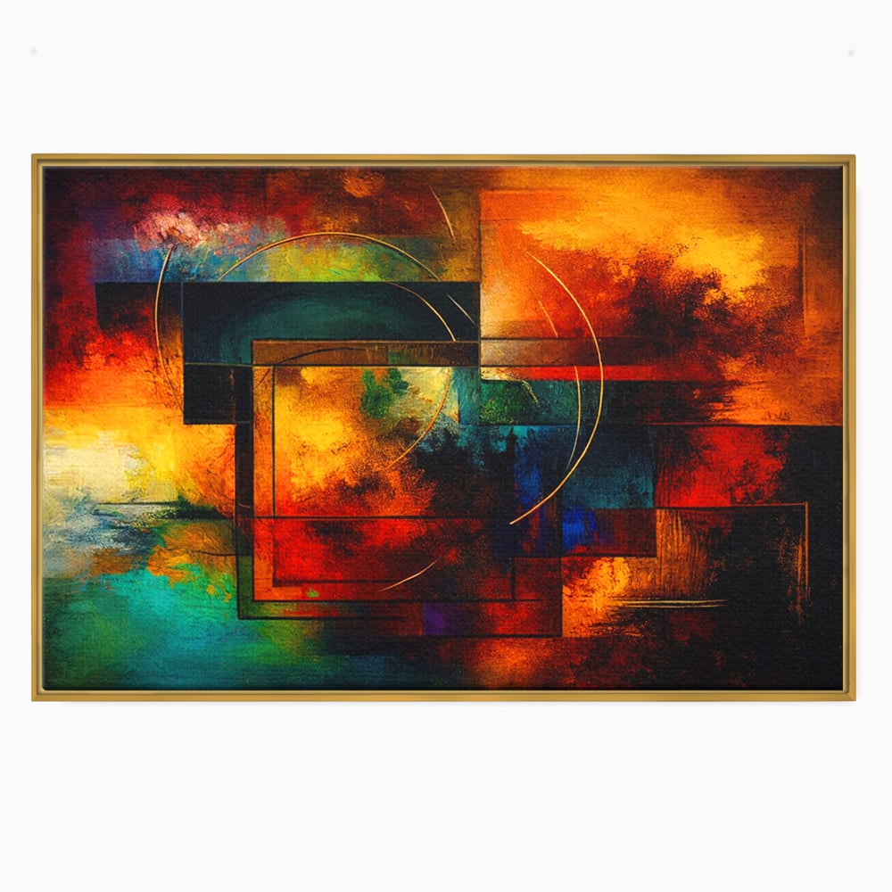 Tablou canvas cu pictura abstracta cu forme geometrice si cercuri, in rama de aluminiu auriu