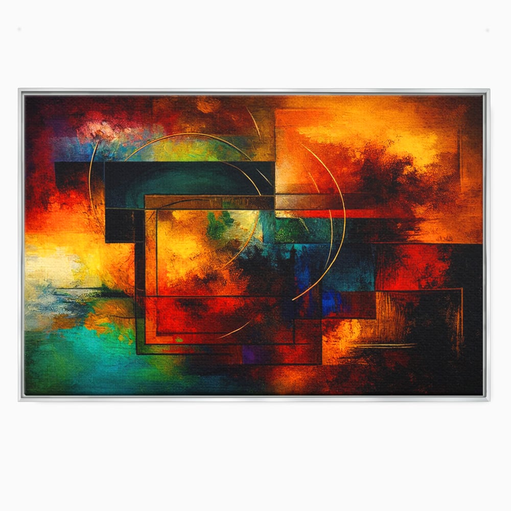 Tablou canvas cu pictura abstracta cu forme geometrice si cercuri, in rama de aluminiu argintiu