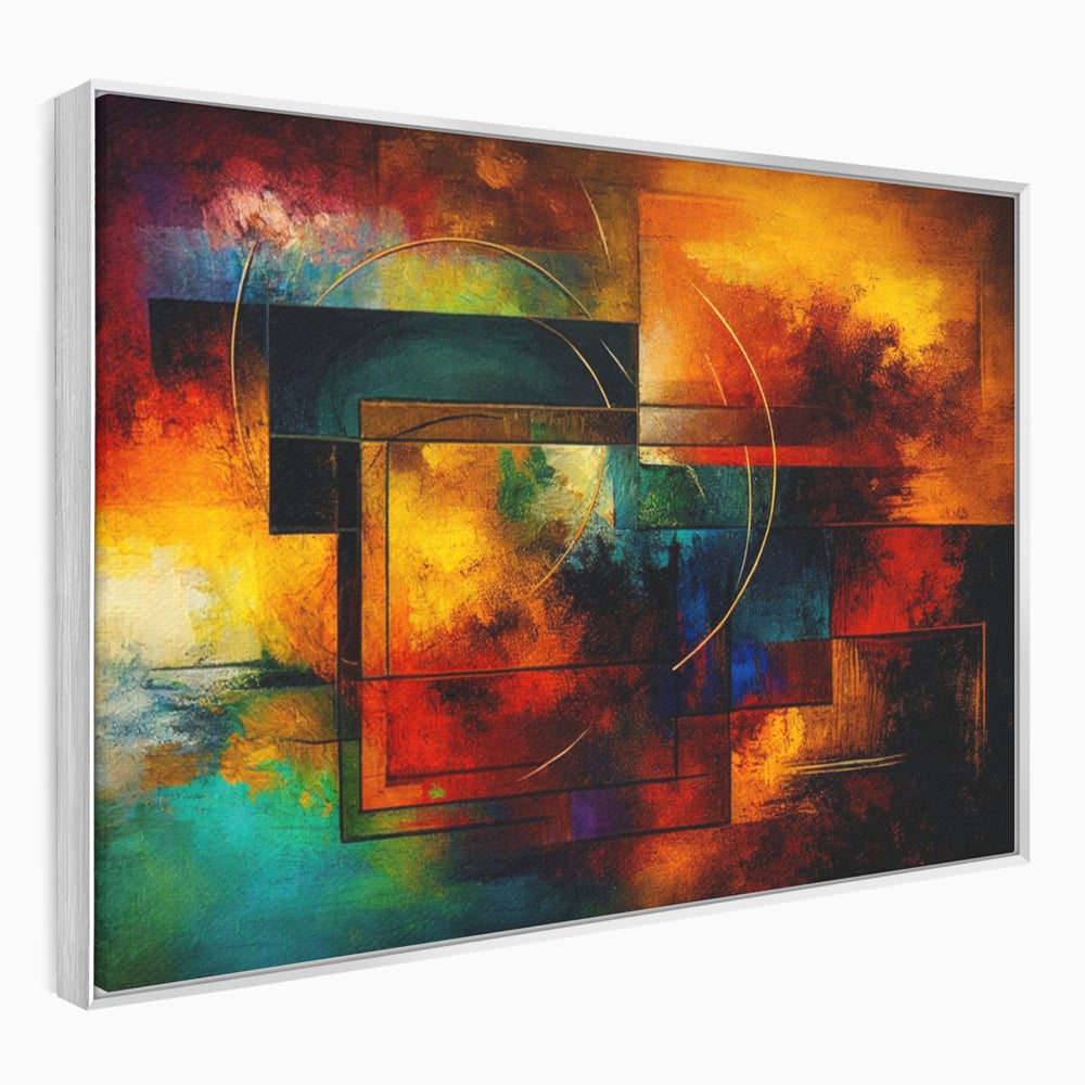 Tablou canvas cu pictura abstracta cu forme geometrice si cercuri, in rama de aluminiu argintiu