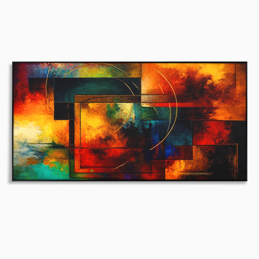 Tablou canvas cu pictura abstracta cu forme geometrice si cercuri, in rama de aluminiu negru