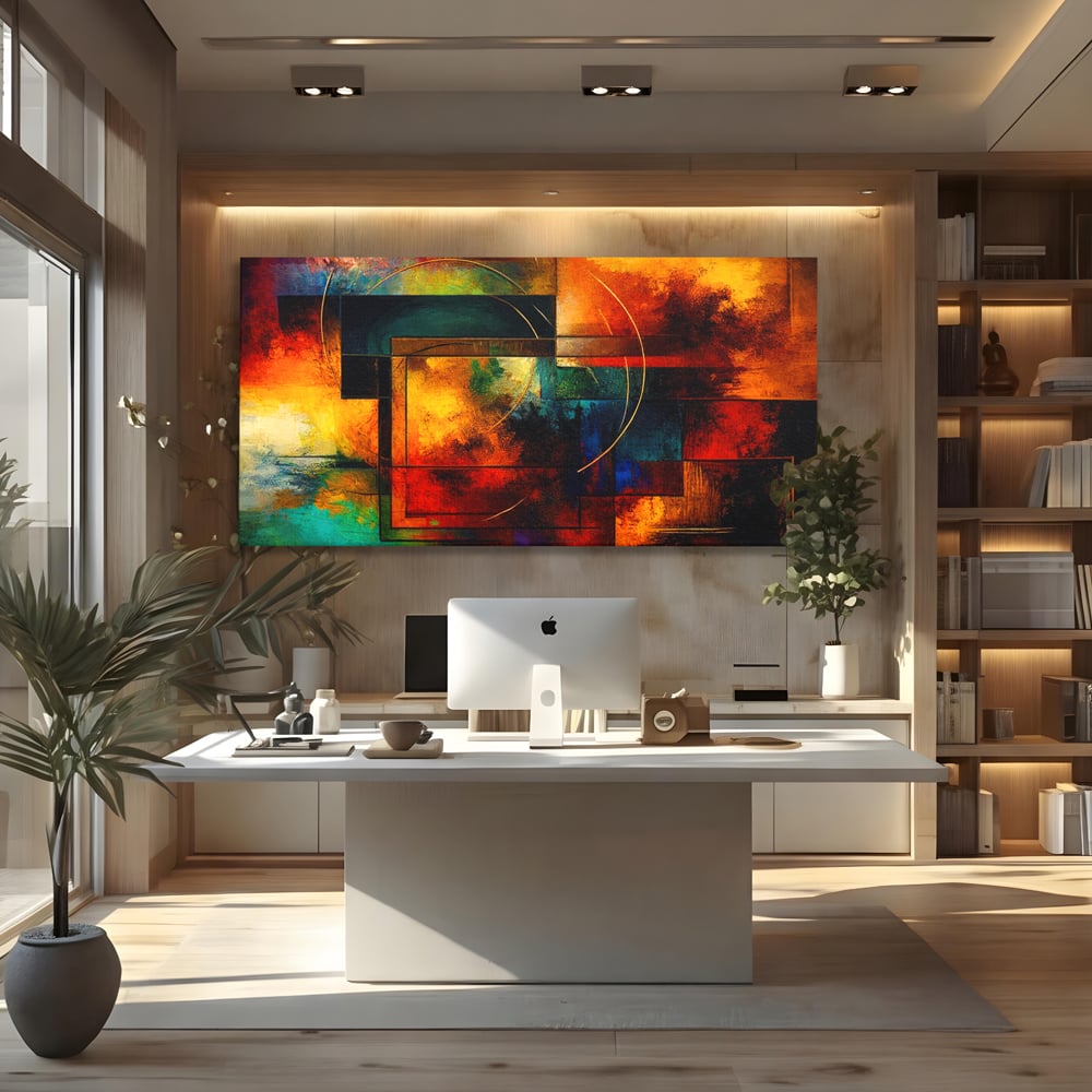 Tablou canvas cu pictura abstracta cu forme geometrice si cercuri, fara rama, pe sasiu de lemn, pe perete intr-un birou