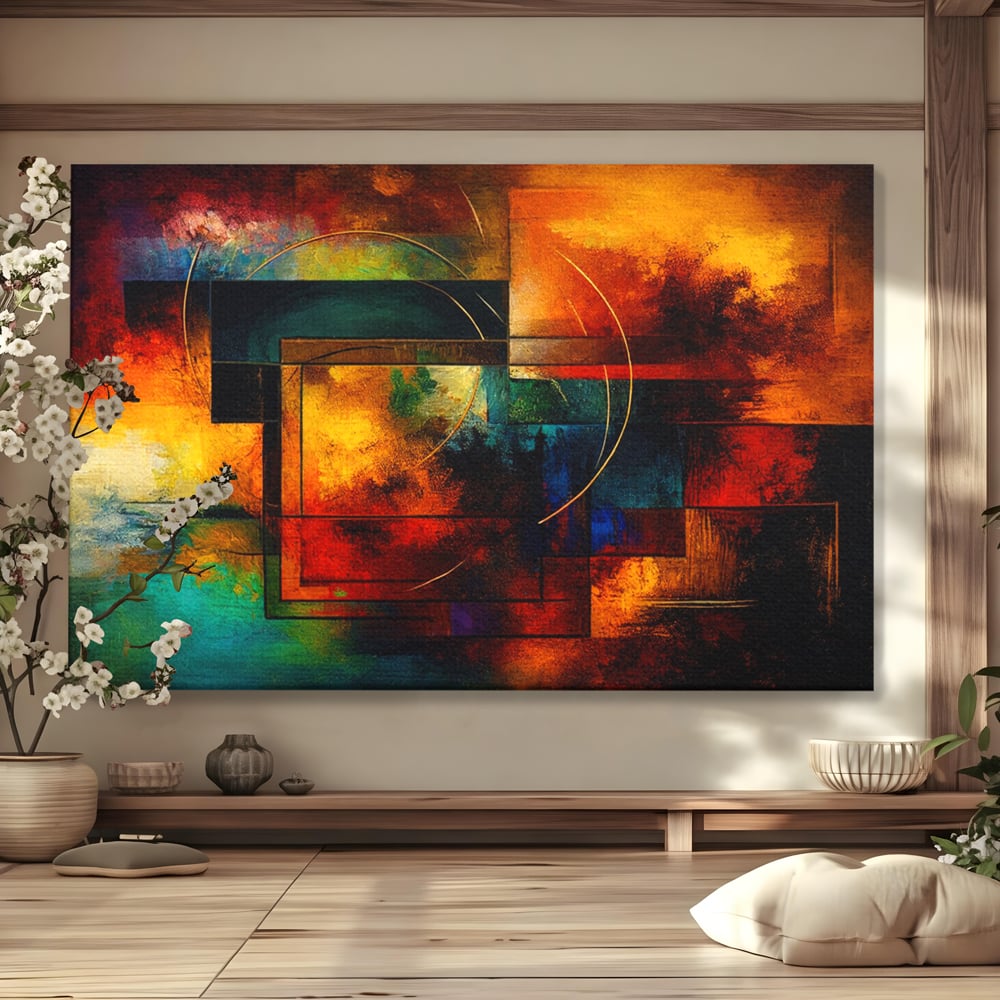 Tablou canvas cu pictura abstracta cu forme geometrice si cercuri, fara rama, pe sasiu de lemn