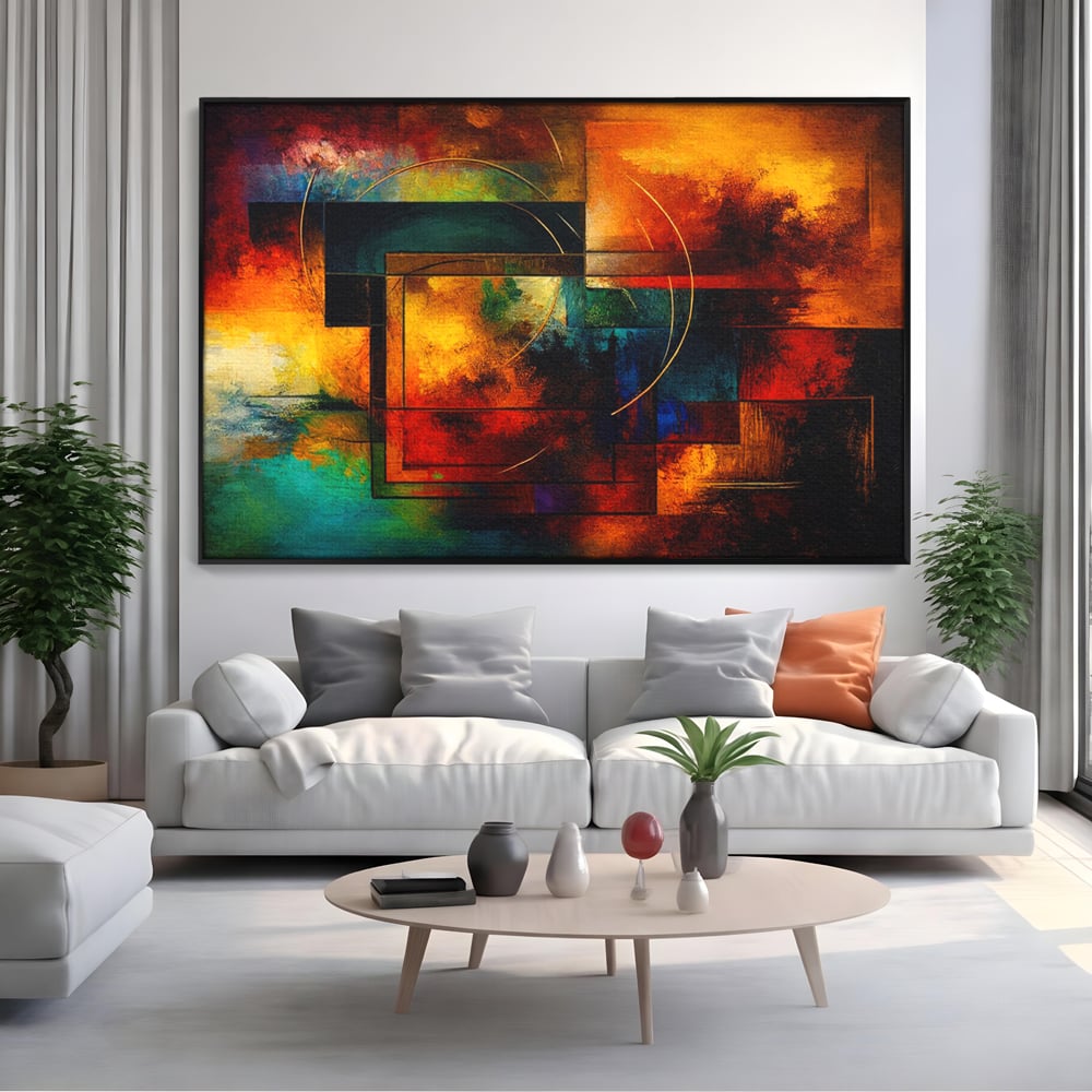 Tablou canvas cu pictura abstracta cu forme geometrice si cercuri, in rama de aluminiu negru, pe perete intr-un living