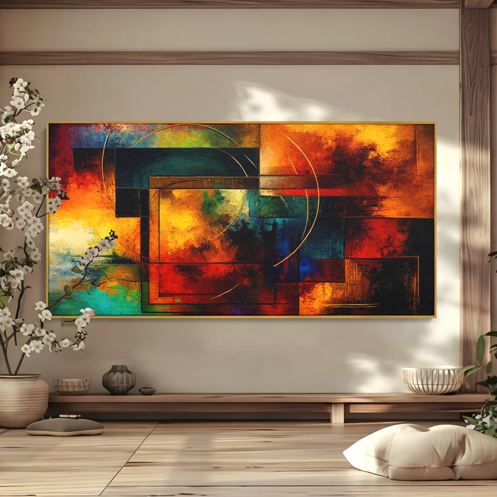 Tablou canvas cu pictura abstracta cu forme geometrice si cercuri, in rama de aluminiu auriu
