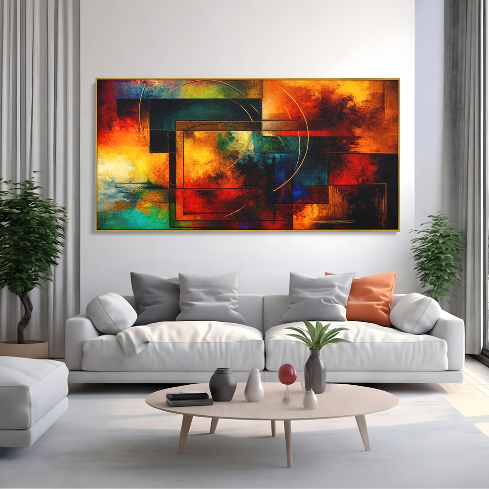 Tablou canvas cu pictura abstracta cu forme geometrice si cercuri, in rama de aluminiu auriu, pe perete intr-un living