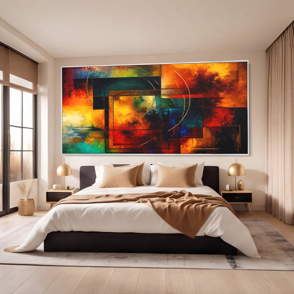 Tablou canvas cu pictura abstracta cu forme geometrice si cercuri, in rama de aluminiu argintiu, pe perete intr-un dormitor