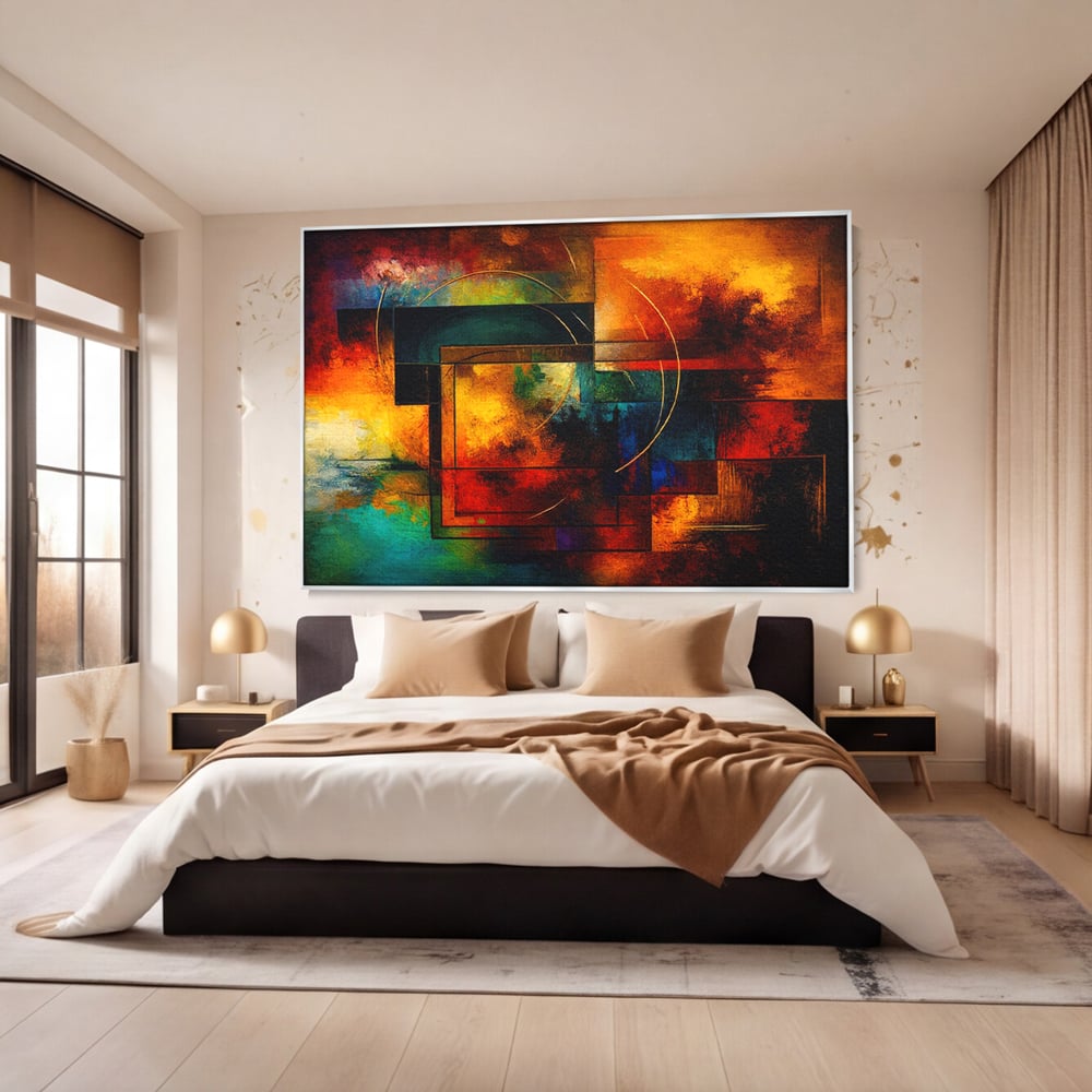 Tablou canvas cu pictura abstracta cu forme geometrice si cercuri, in rama de aluminiu argintiu, pe perete intr-un dormitor