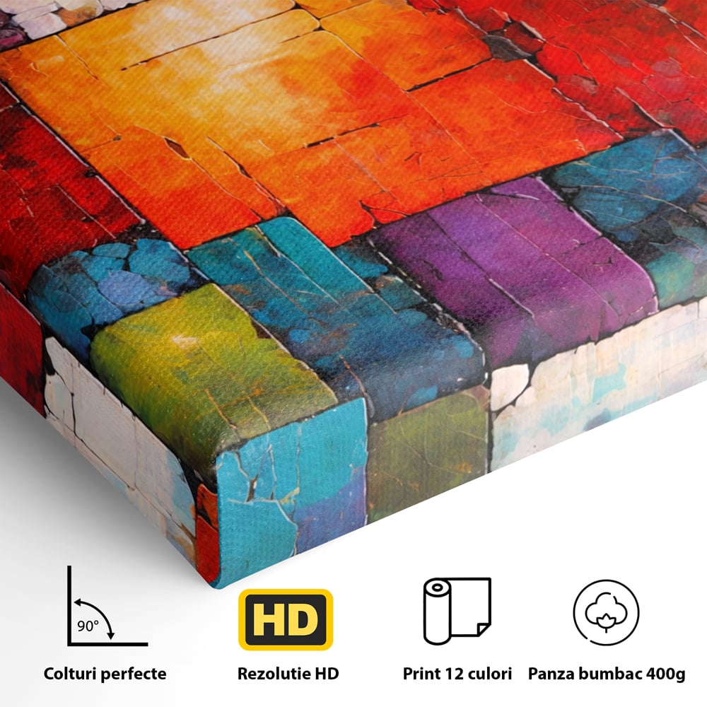 Detaliu al suprafetei: tablou canvas cu mozaic geometric colorat, fara rama, pe sasiu de lemn