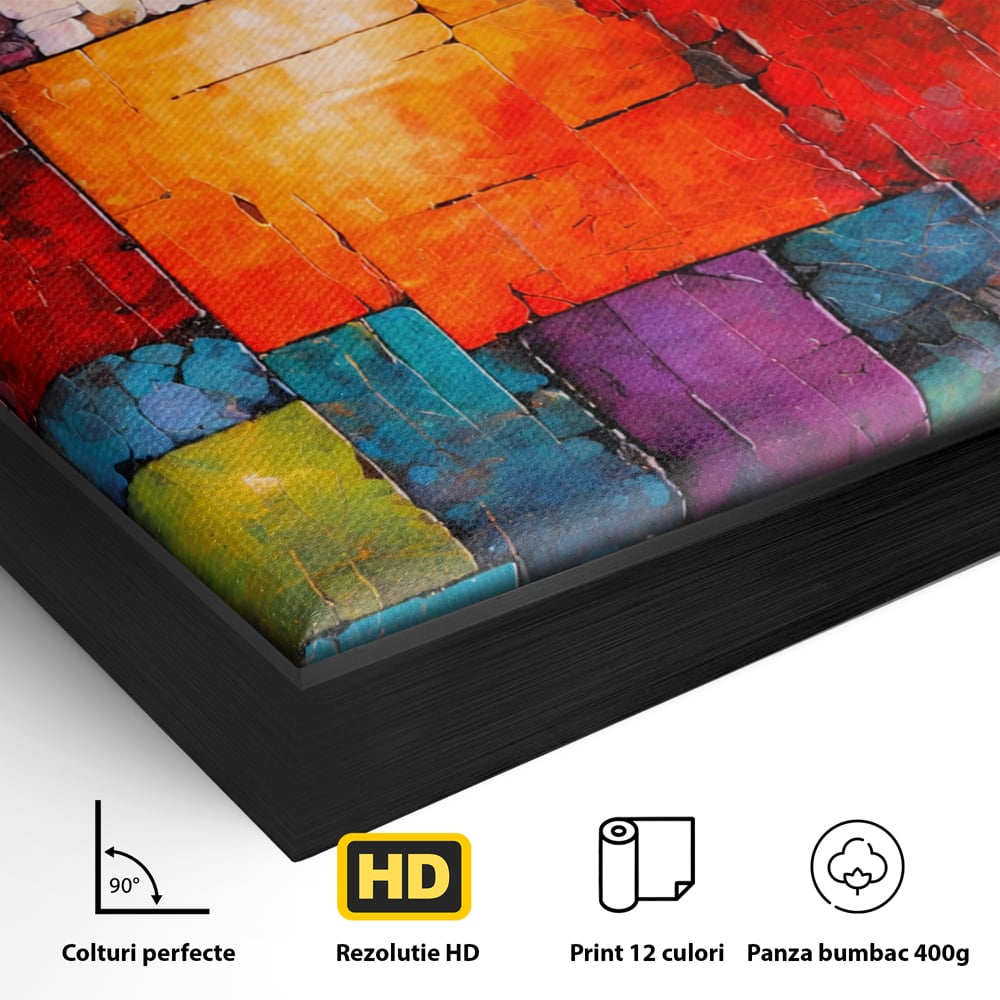 Detaliu al suprafetei: tablou canvas cu mozaic geometric colorat, in rama de aluminiu negru