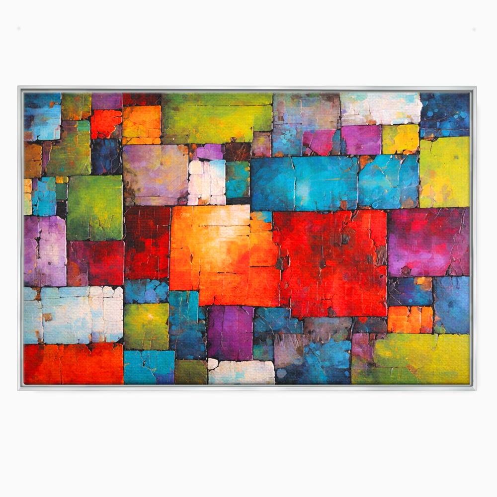 Tablou canvas cu tablou canvas cu mozaic geometric colorat, in rama de aluminiu argintiu