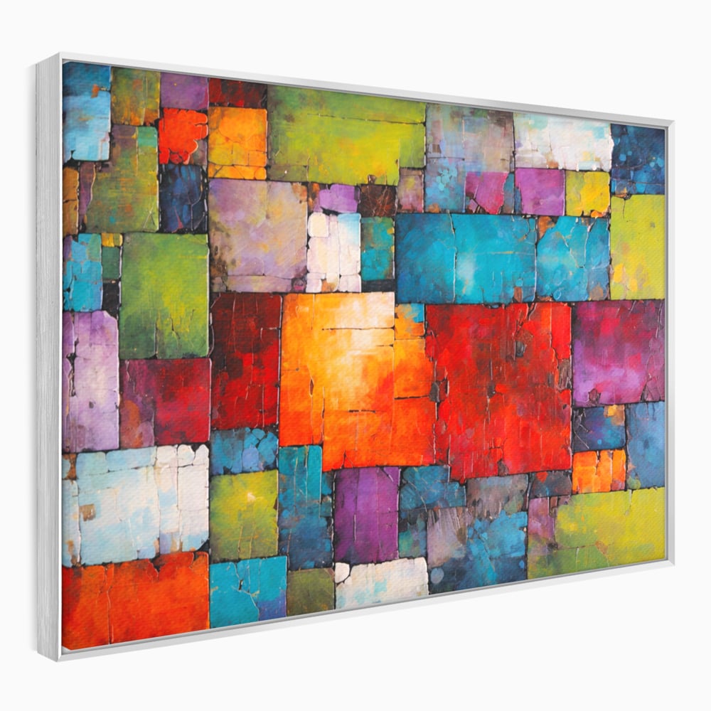 Tablou canvas cu tablou canvas cu mozaic geometric colorat, in rama de aluminiu argintiu
