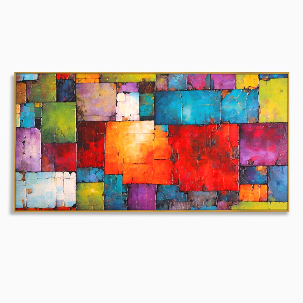 Tablou canvas cu tablou canvas cu mozaic geometric colorat, in rama de aluminiu auriu