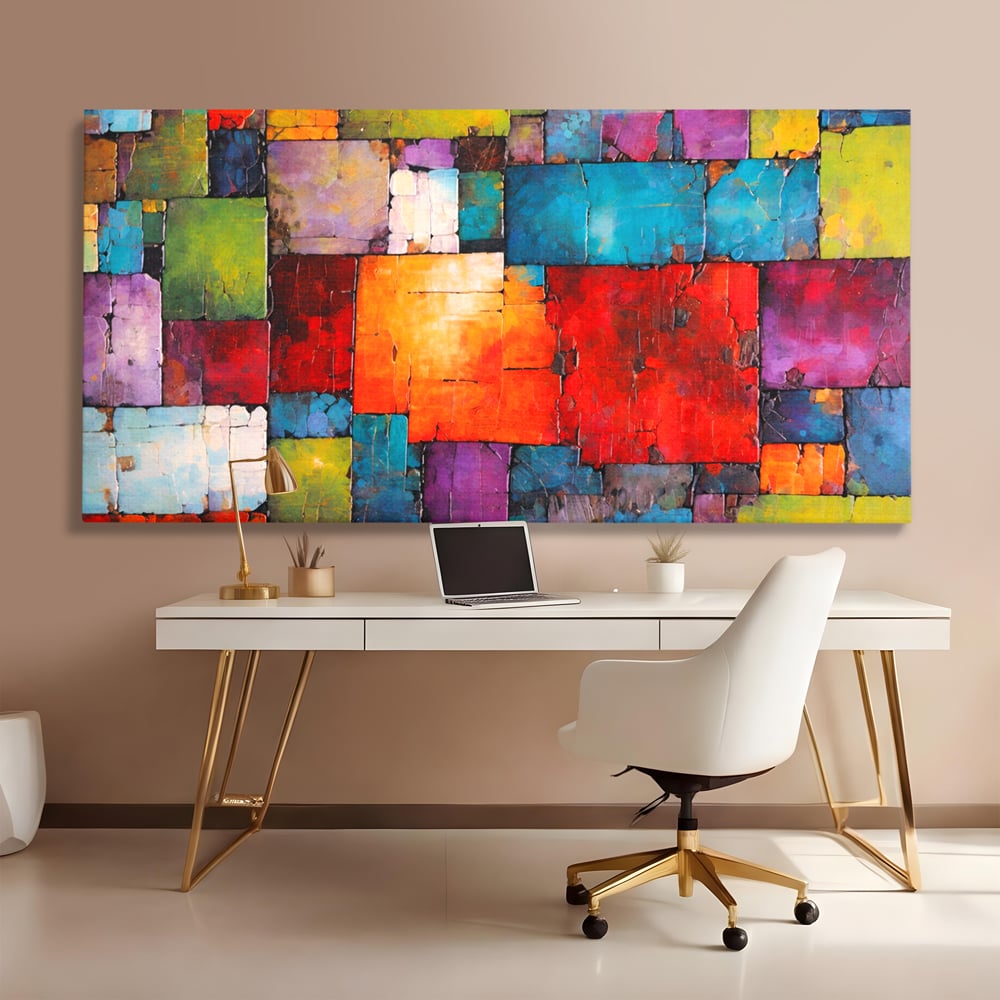 Tablou canvas cu tablou canvas cu mozaic geometric colorat, fara rama, pe sasiu de lemn, pe perete intr-un birou