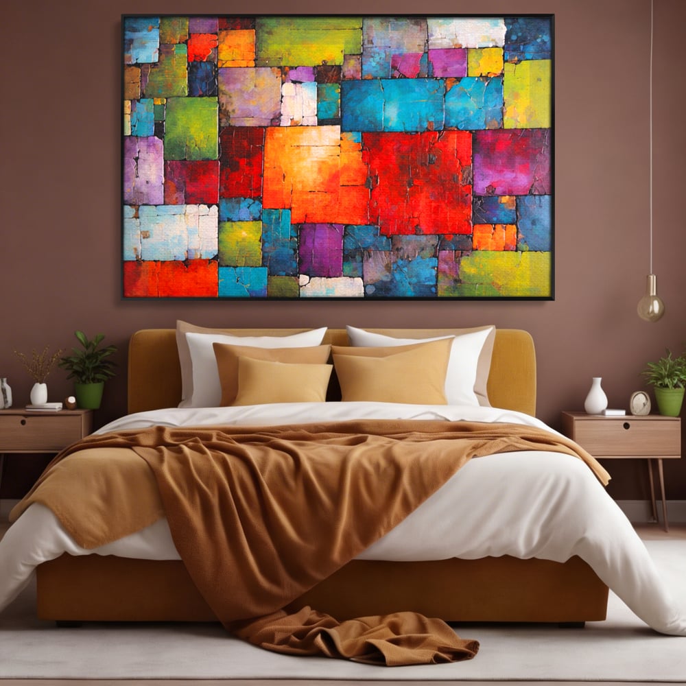 Tablou canvas cu tablou canvas cu mozaic geometric colorat, in rama de aluminiu negru, pe perete intr-un dormitor