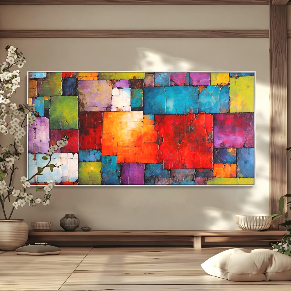 Tablou canvas cu tablou canvas cu mozaic geometric colorat, in rama de aluminiu argintiu