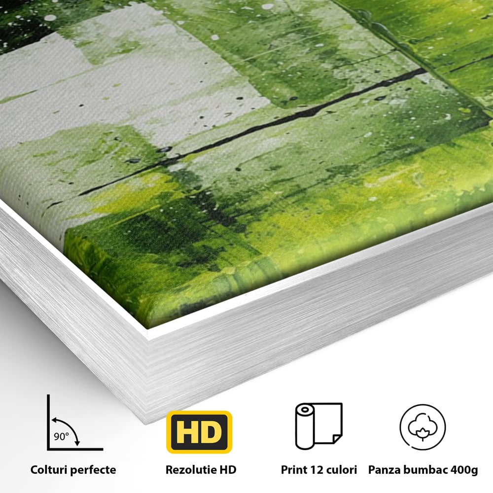 Detaliu al suprafetei: pictura abstracta cu straturi verzi, in rama de aluminiu argintiu