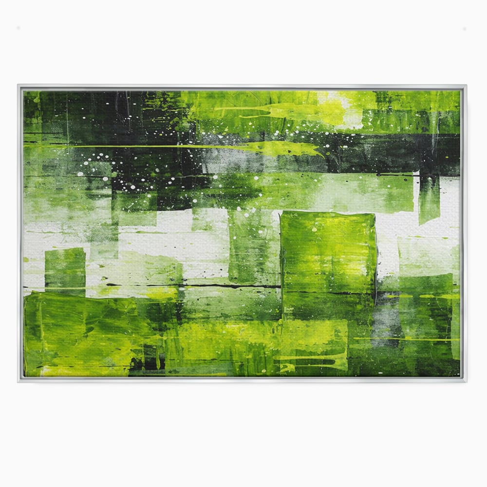 Tablou canvas cu pictura abstracta cu straturi verzi, in rama de aluminiu argintiu