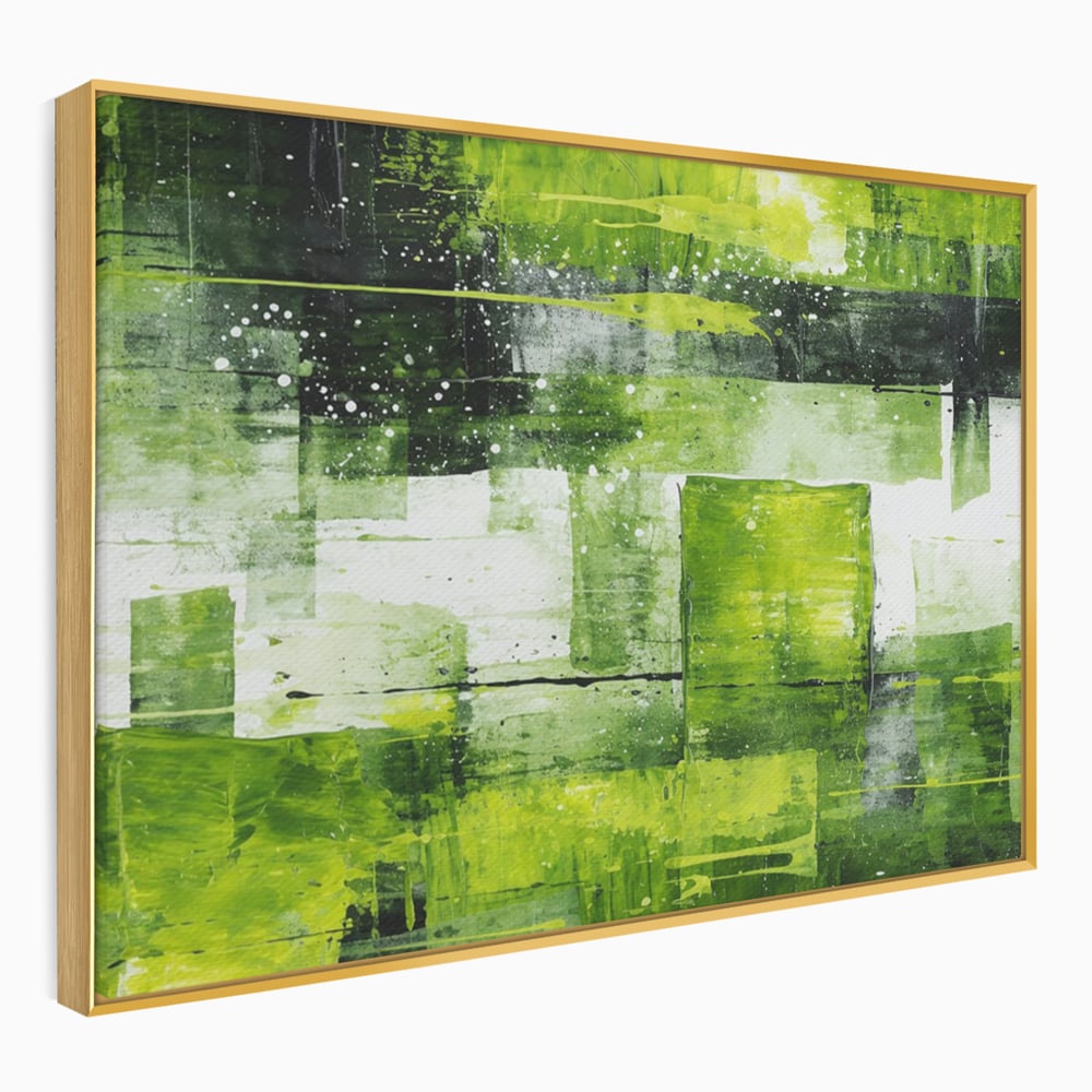 Tablou canvas cu pictura abstracta cu straturi verzi, in rama de aluminiu auriu